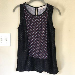 LOFT Tile Printed Panel Mixed Fabric Tank, Black/White/Burgundy, Size XS